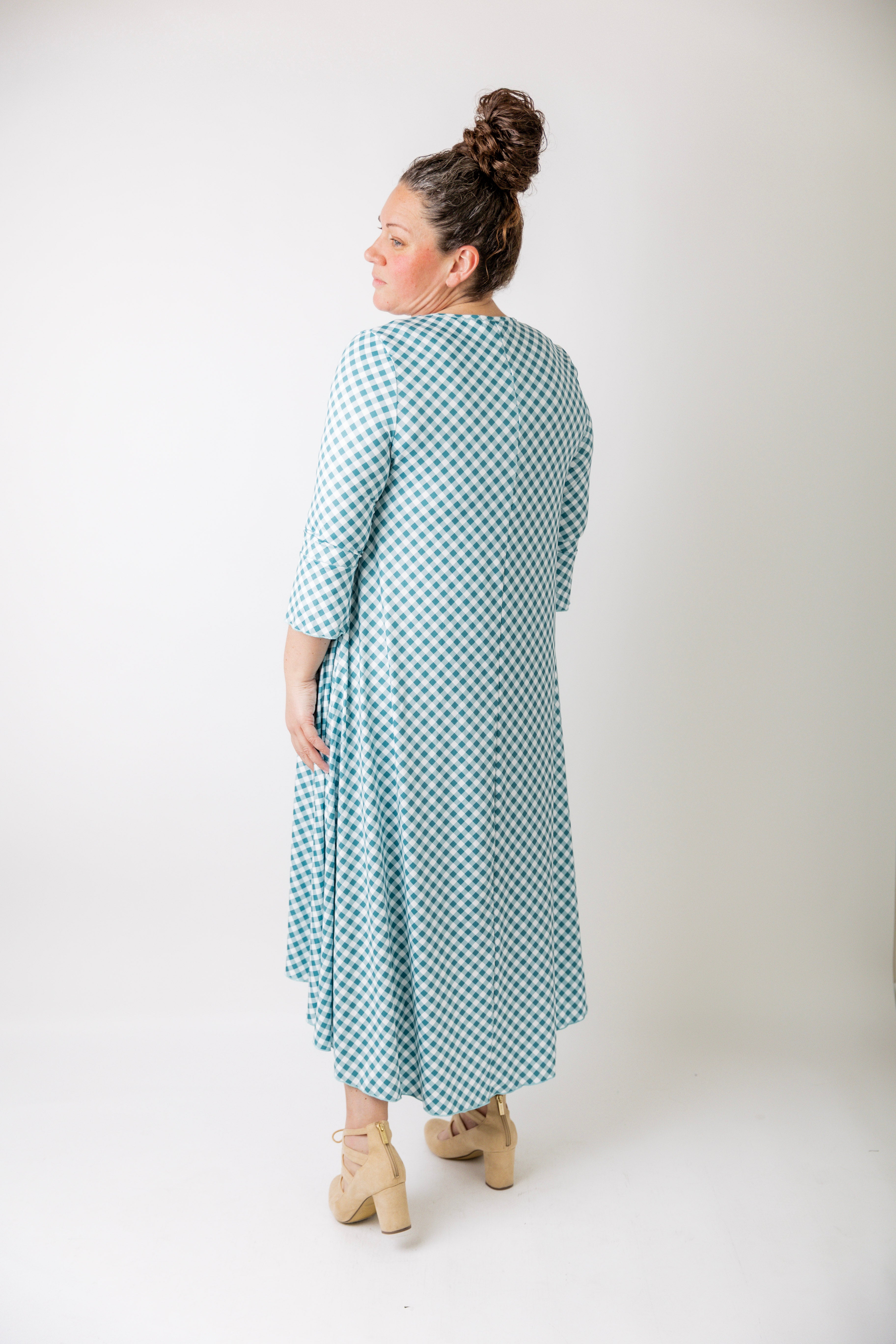 Modest high and low dress with ruffle sleeves and contrasting prints