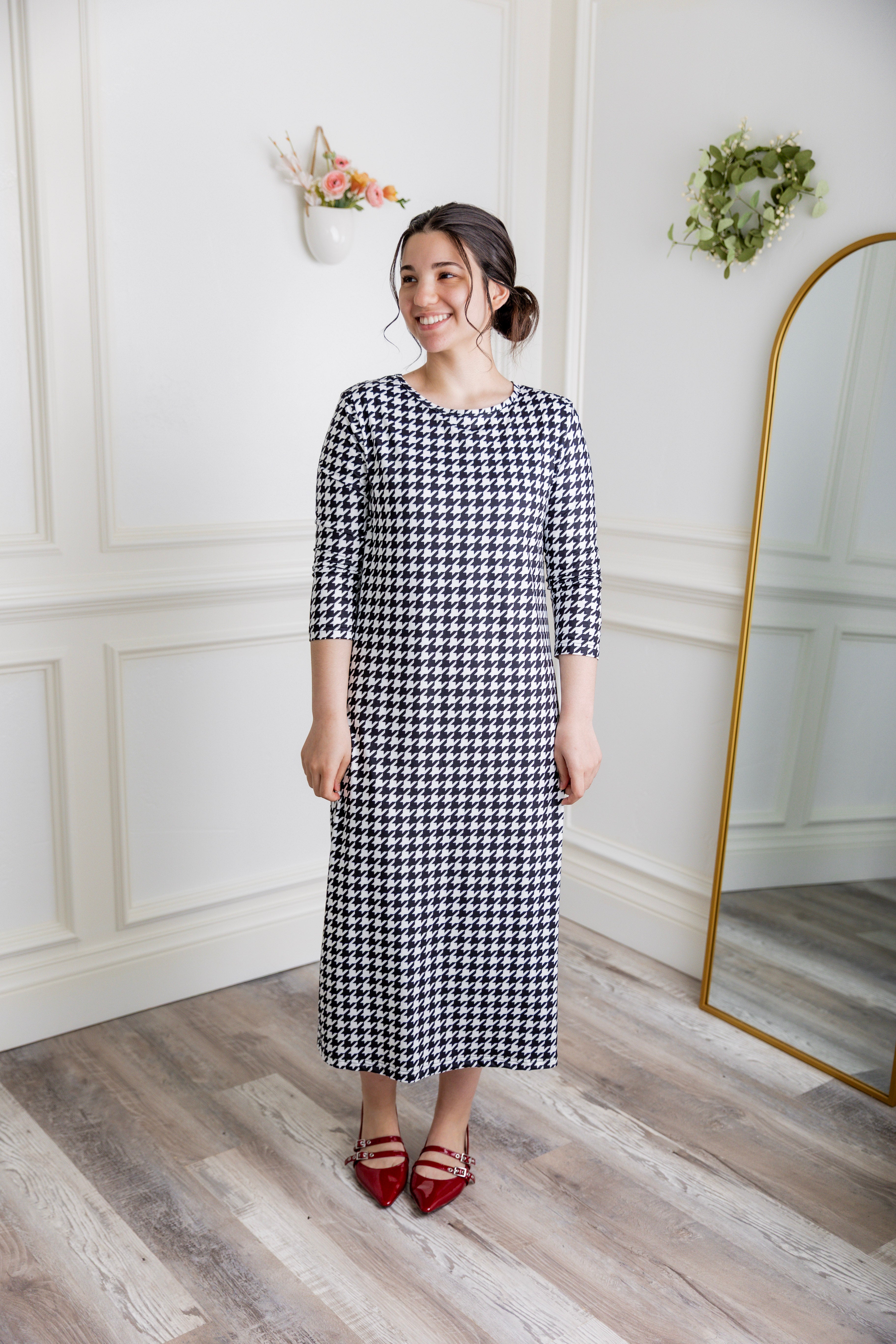 modest midi essential layering dress soft prints