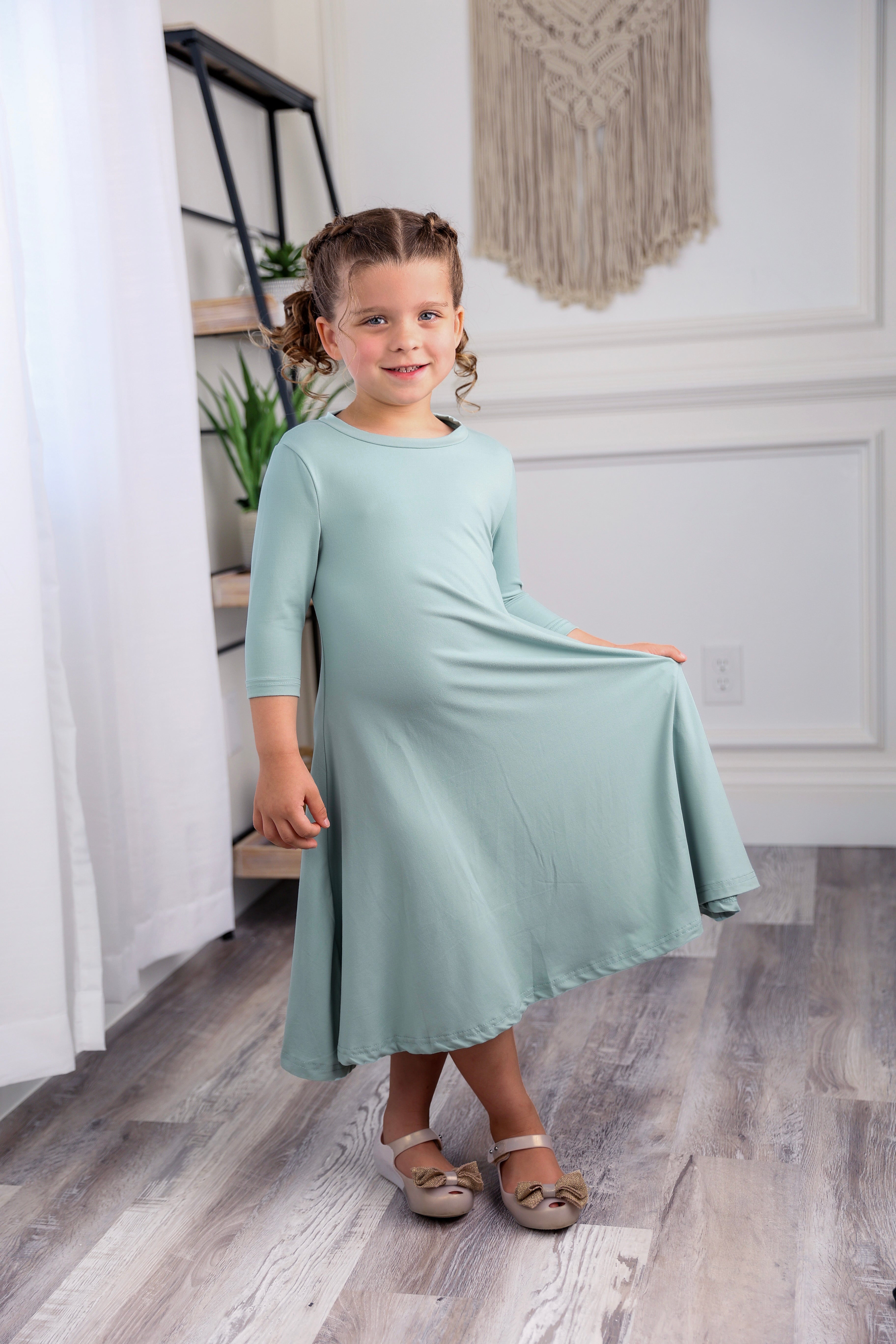 3/4 sleeve modest girls gracelyn dress pretty prints and solid colors