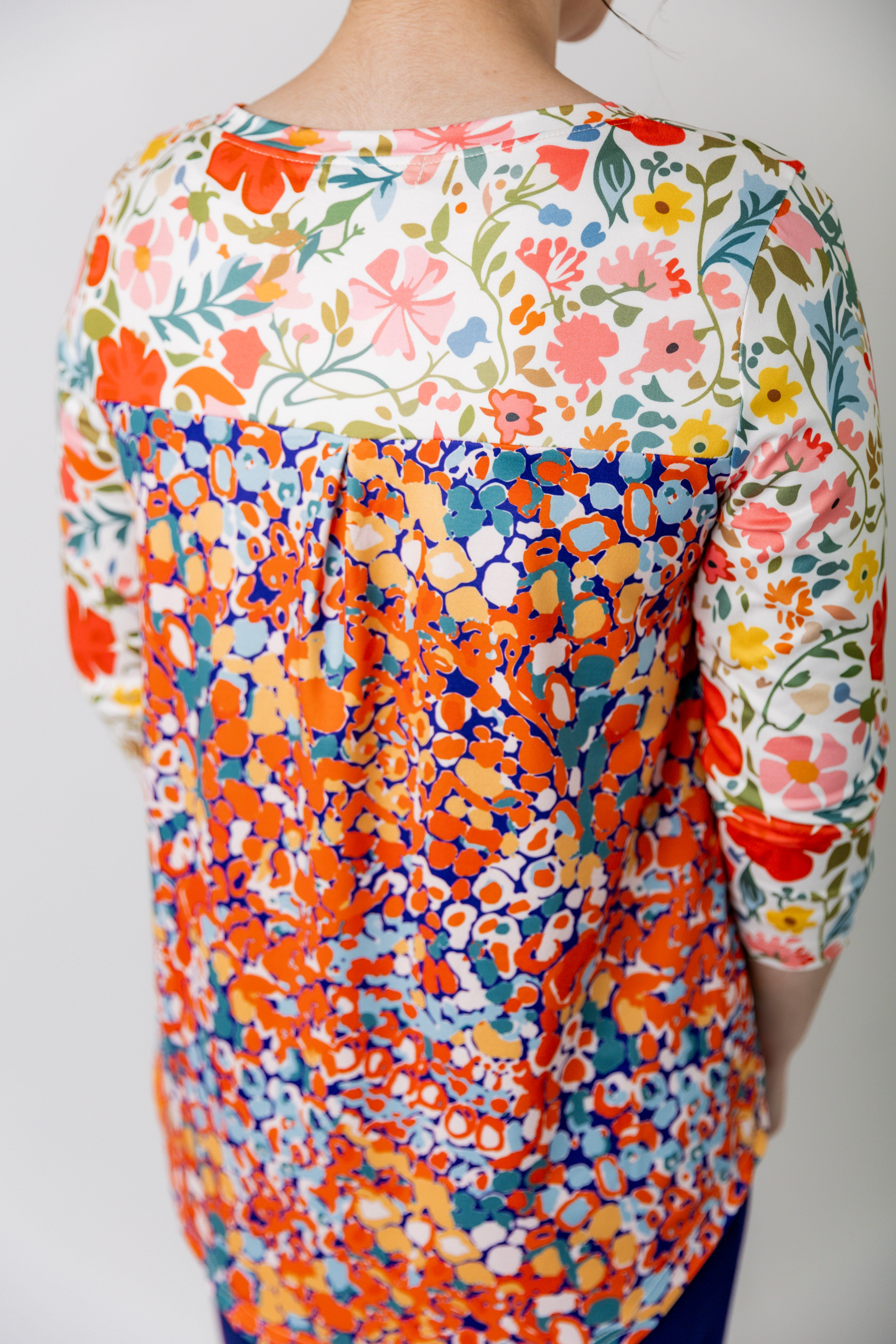 modest comfy 3/4 sleeve top pretty prints 