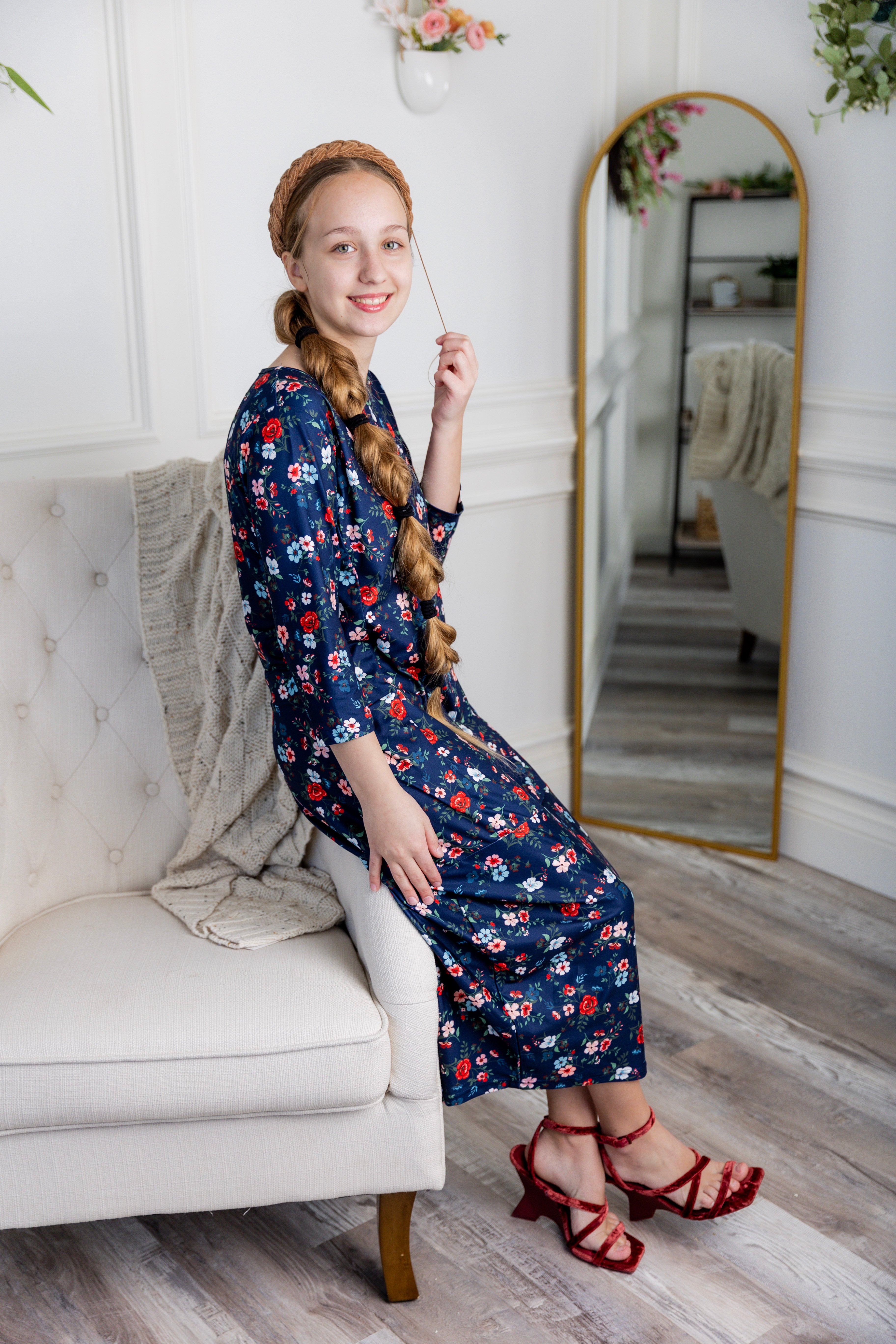 3/4 sleeve modest dress with pockets pretty prints