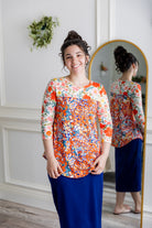 modest comfy 3/4 sleeve top pretty prints 