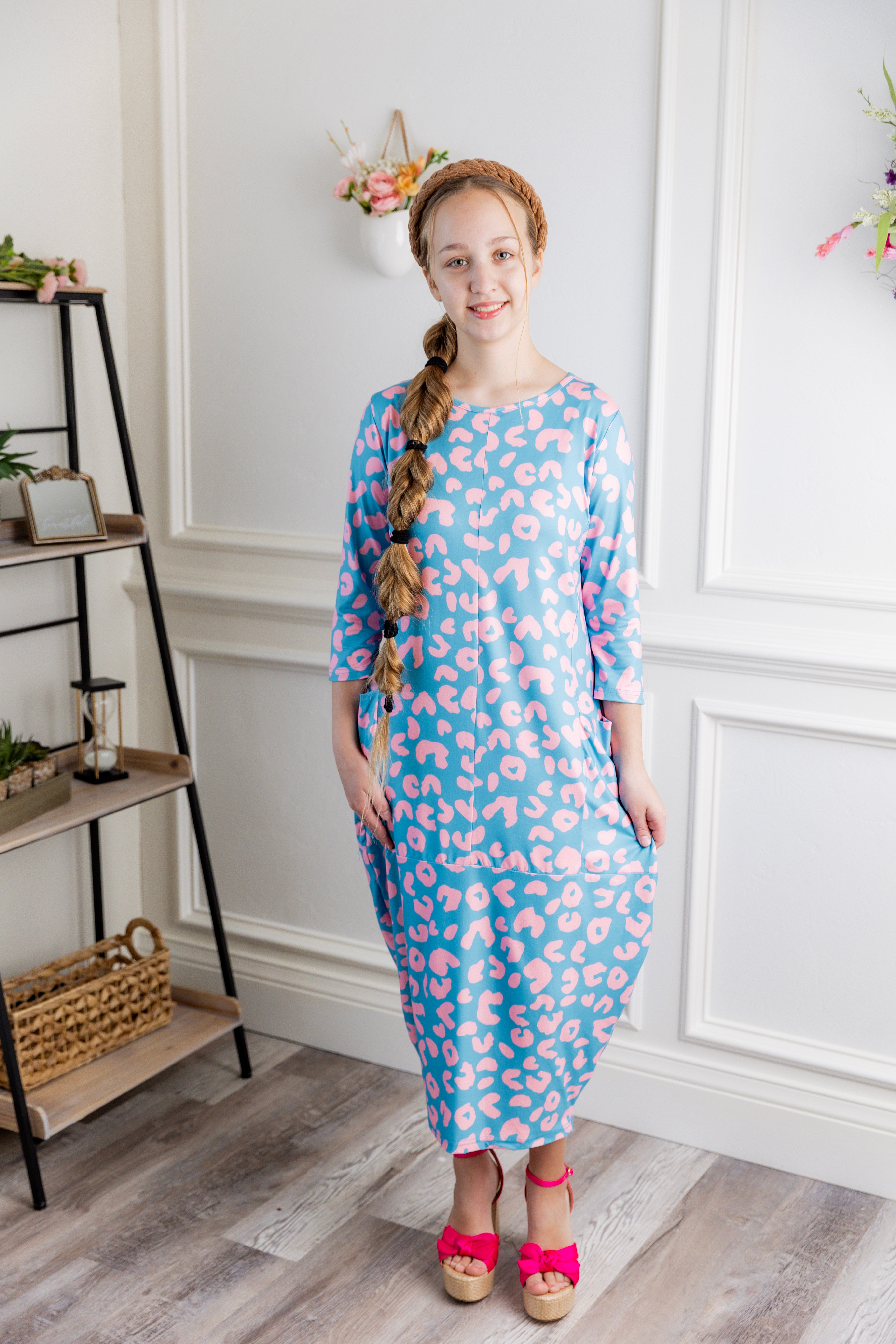 3/4 sleeve modest dress with pockets pretty prints