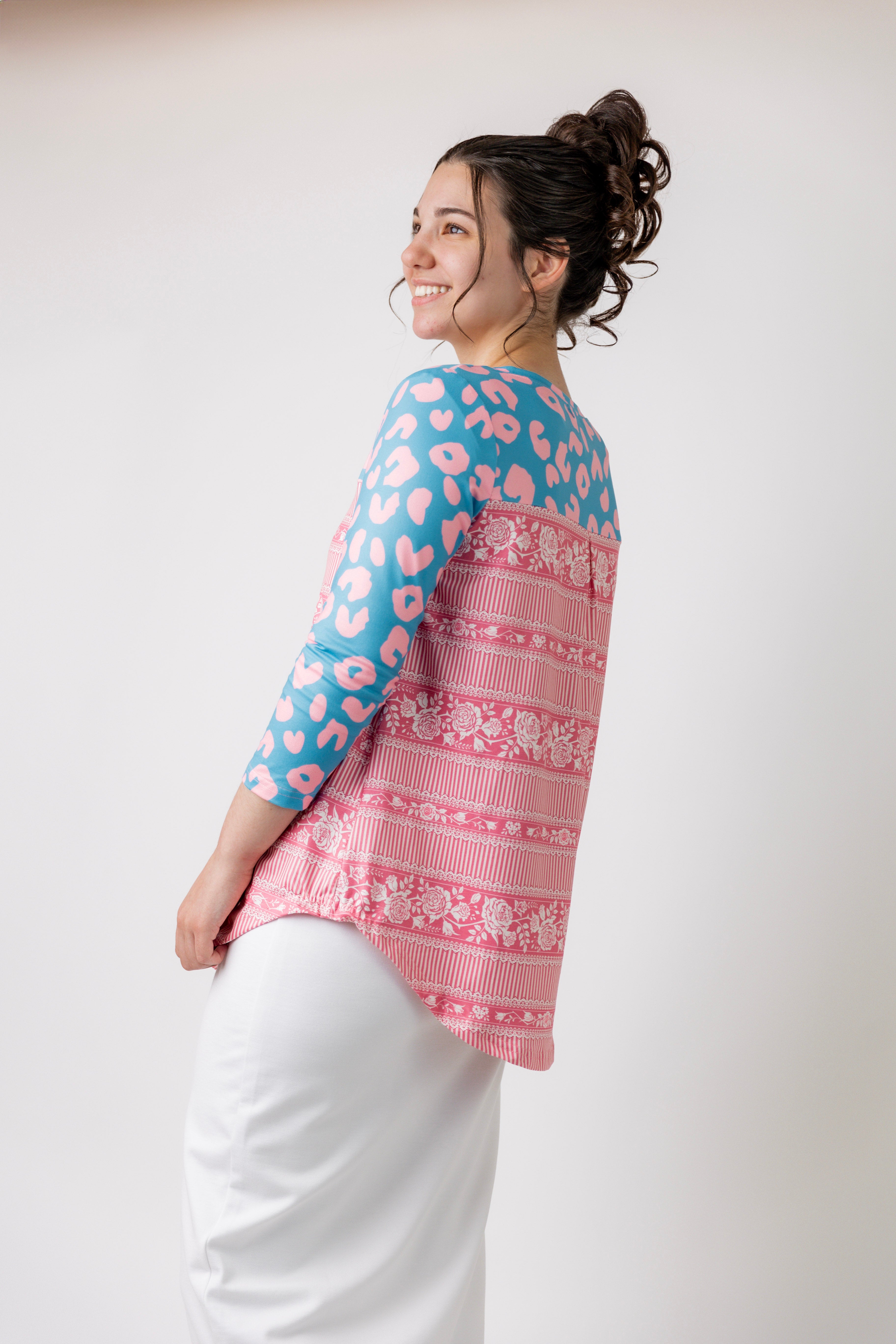 modest comfy 3/4 sleeve top pretty prints 