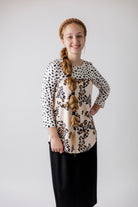 modest comfy 3/4 sleeve top pretty prints 