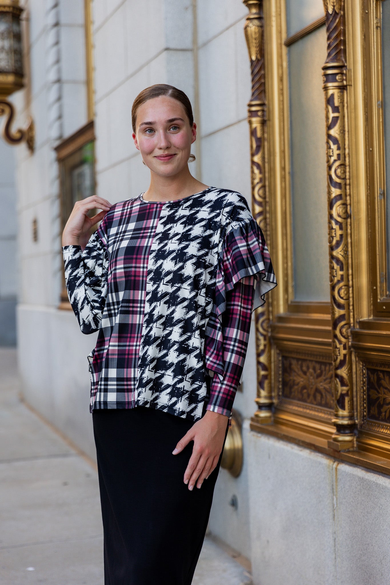 modest long sleeve top with contrasting prints