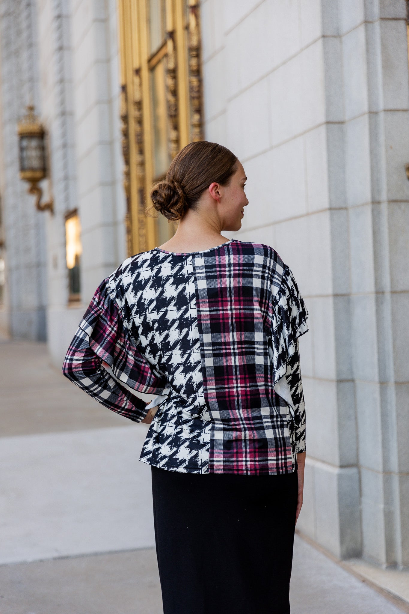 modest long sleeve top with contrasting prints