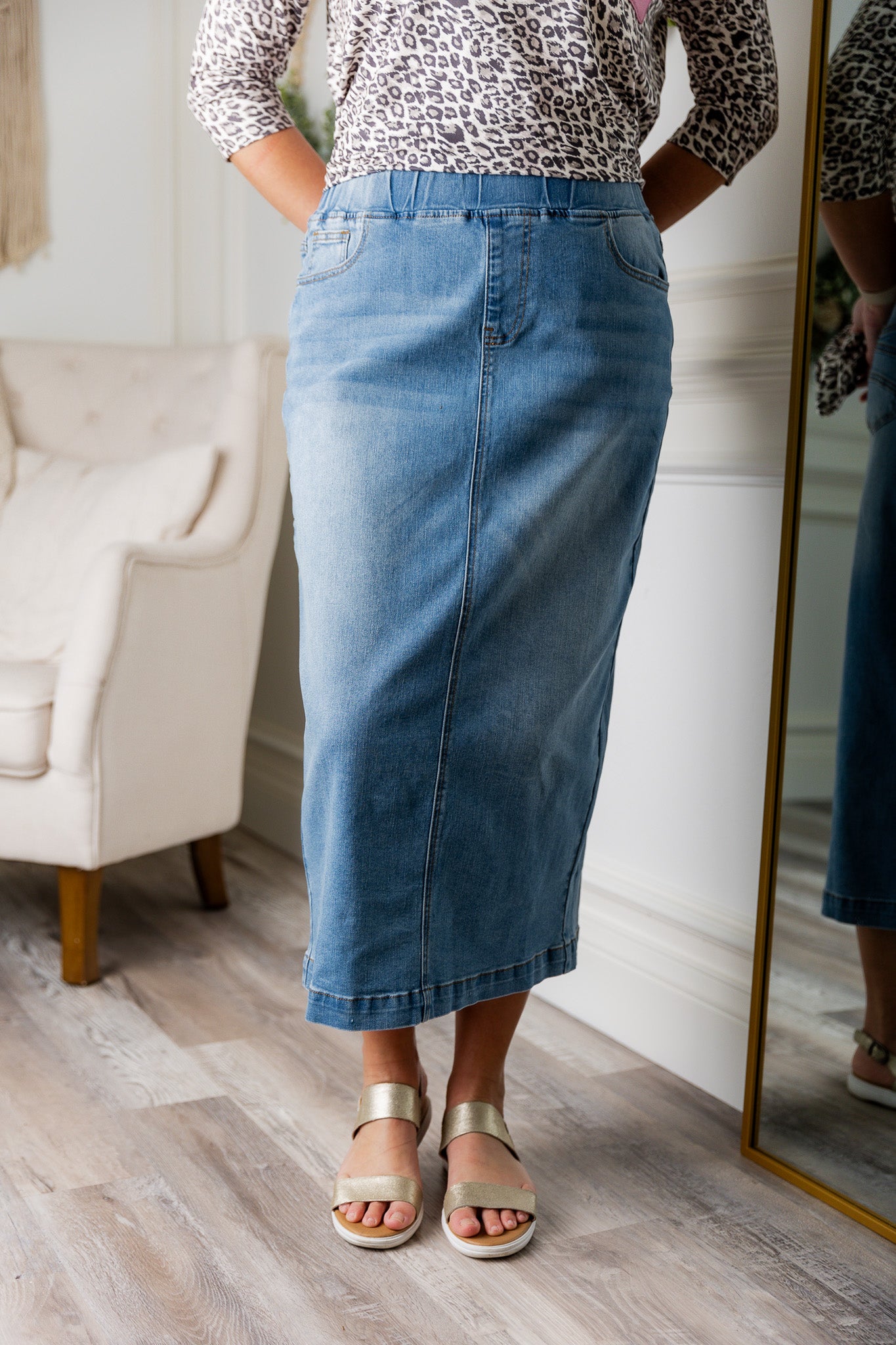 modest denim skirts in 34" length