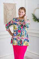 3/4 sleeve modest top pretty prints