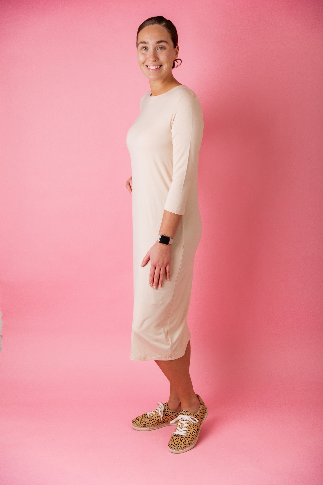 modest midi essential layering dress soft solid colors