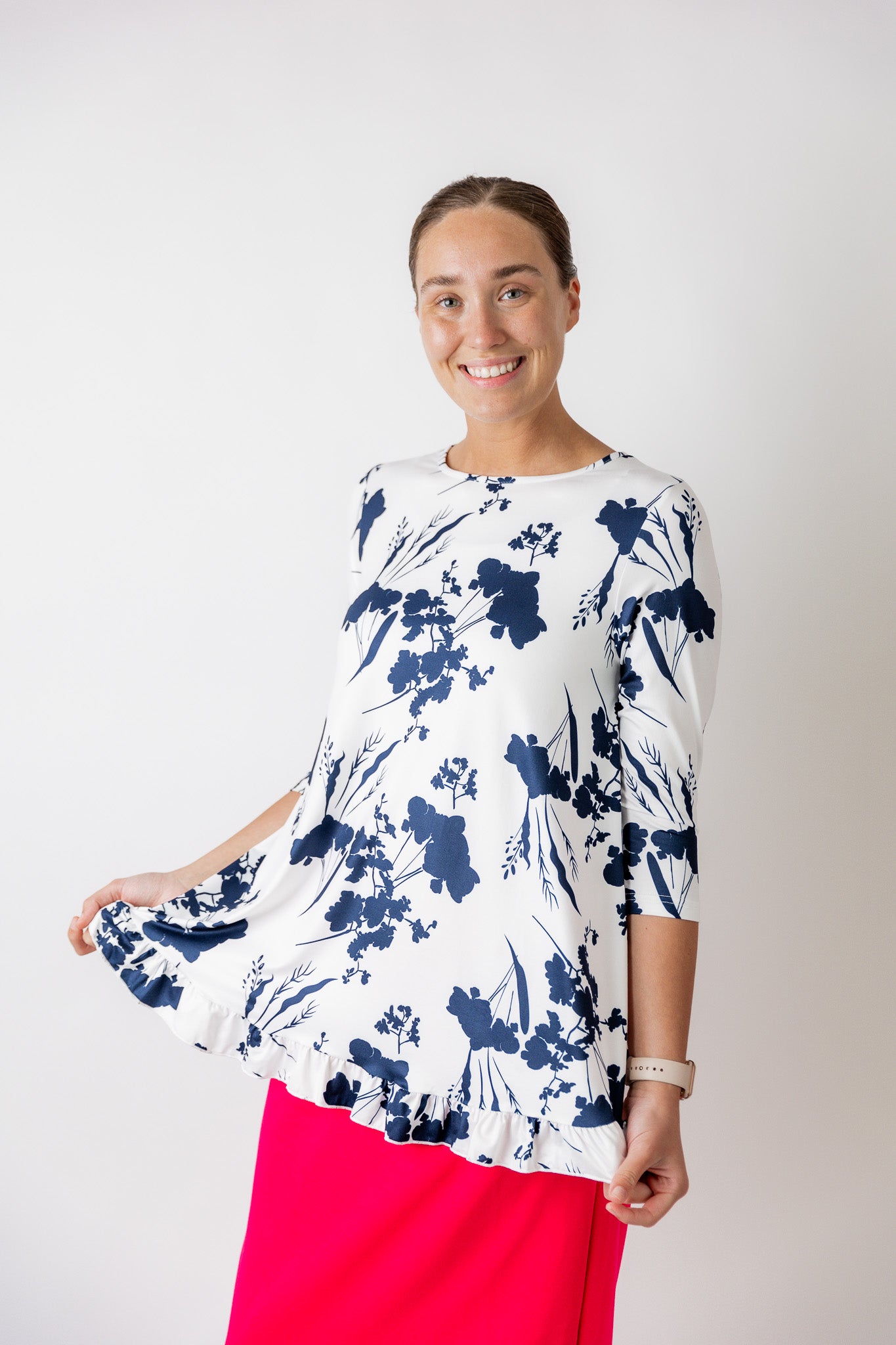 Avery collection modest 3/4 sleeve prints ruffle