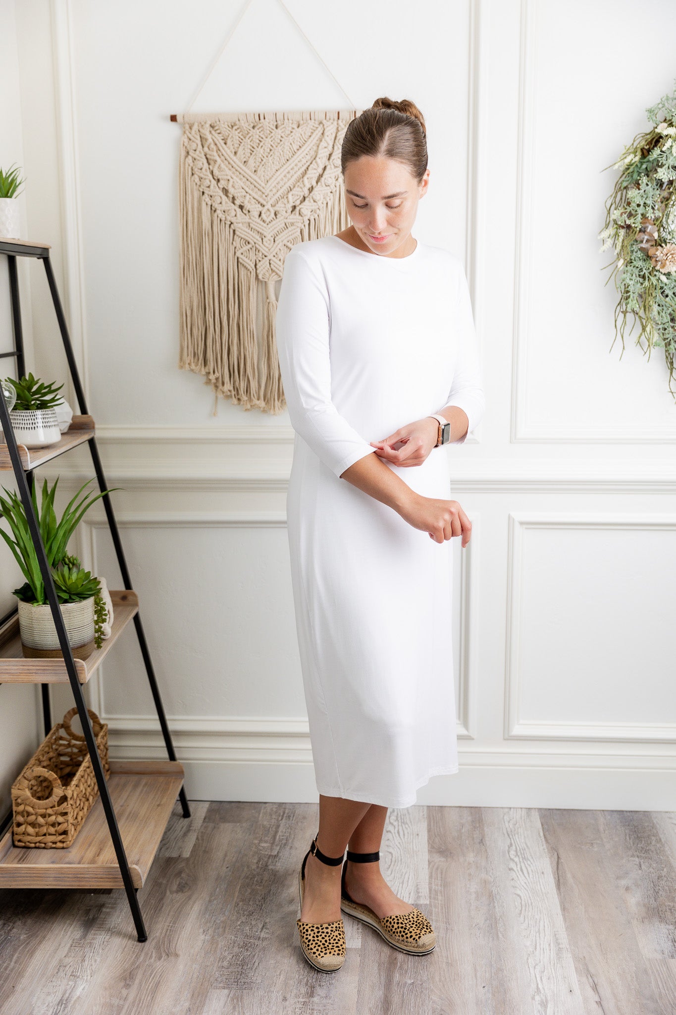 modest midi essential layering dress soft solid colors