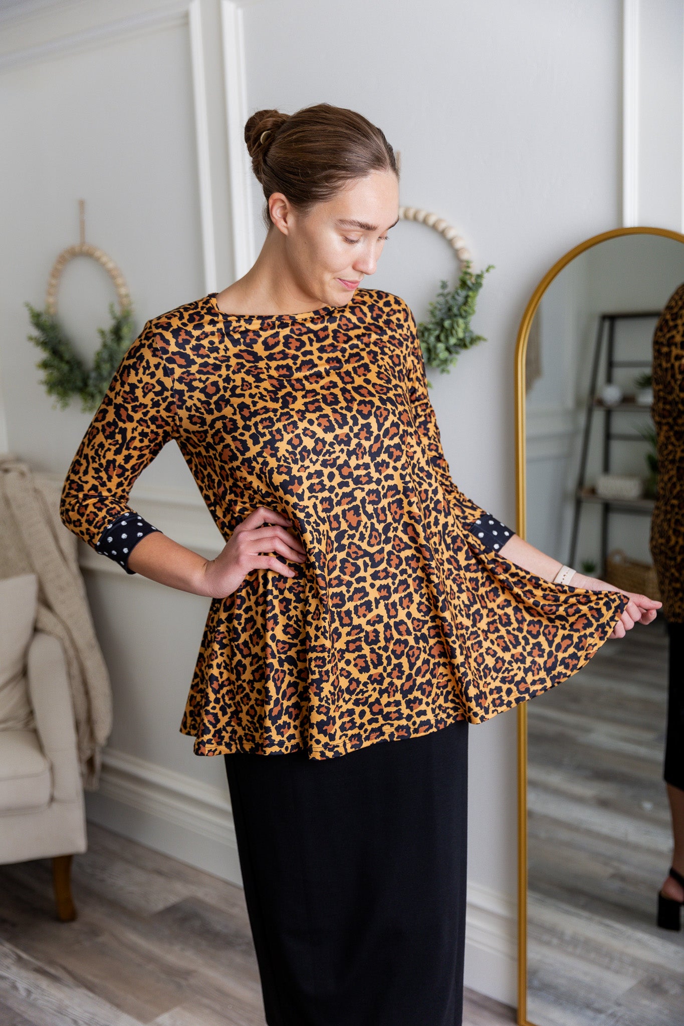 3/4 sleeve tunic top modest prints