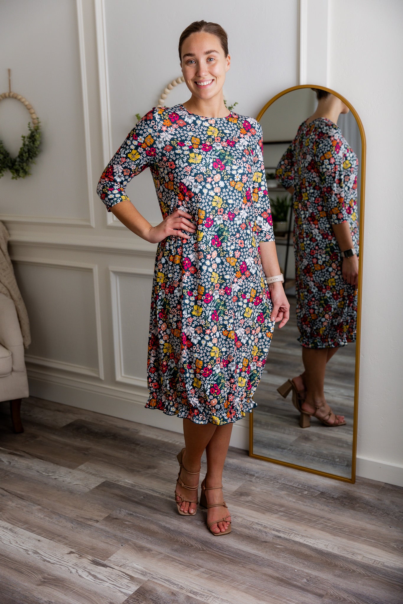 modest midi dress with hem elastic pretty prints