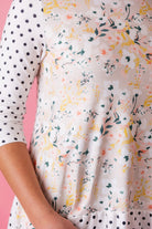 modest 3/4 sleeve high low top pretty prints