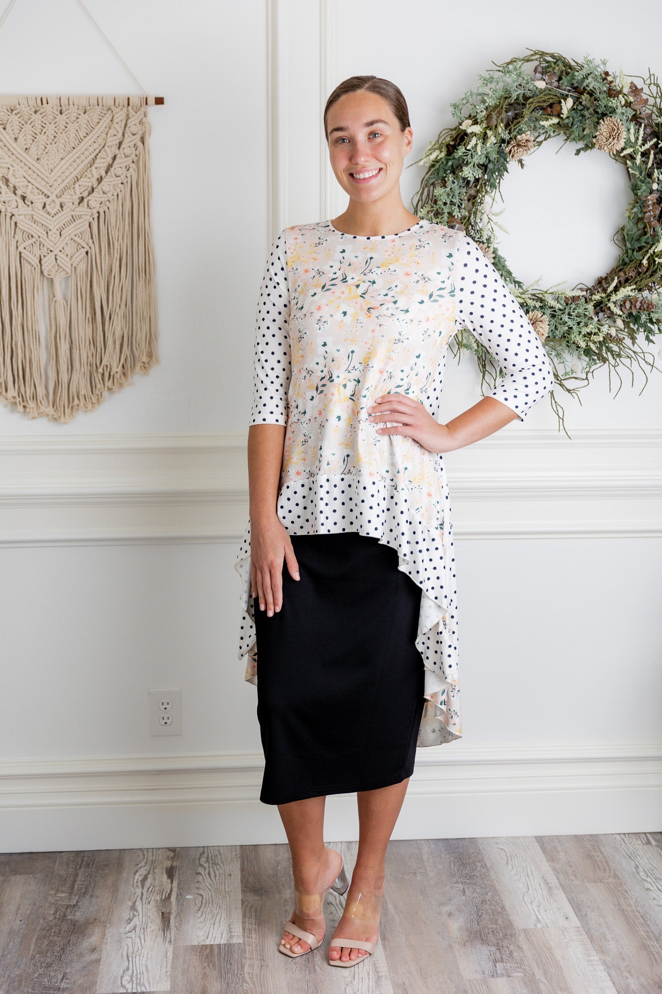 modest 3/4 sleeve high low top pretty prints