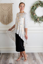 modest 3/4 sleeve high low top pretty prints