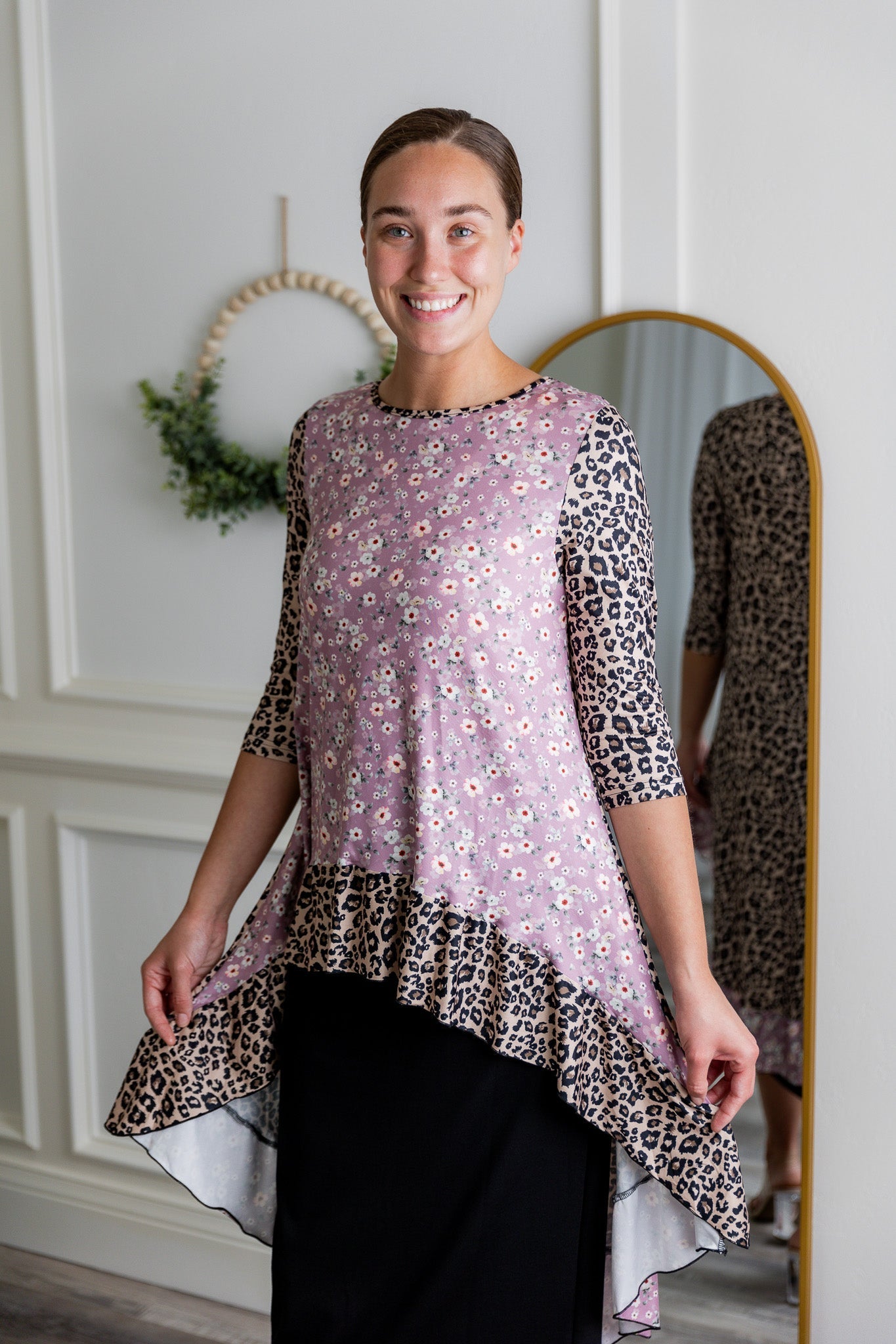 modest 3/4 sleeve high low top pretty prints