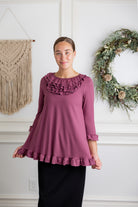 modest ruffled 3/4 sleeve top pretty prints and solid colors