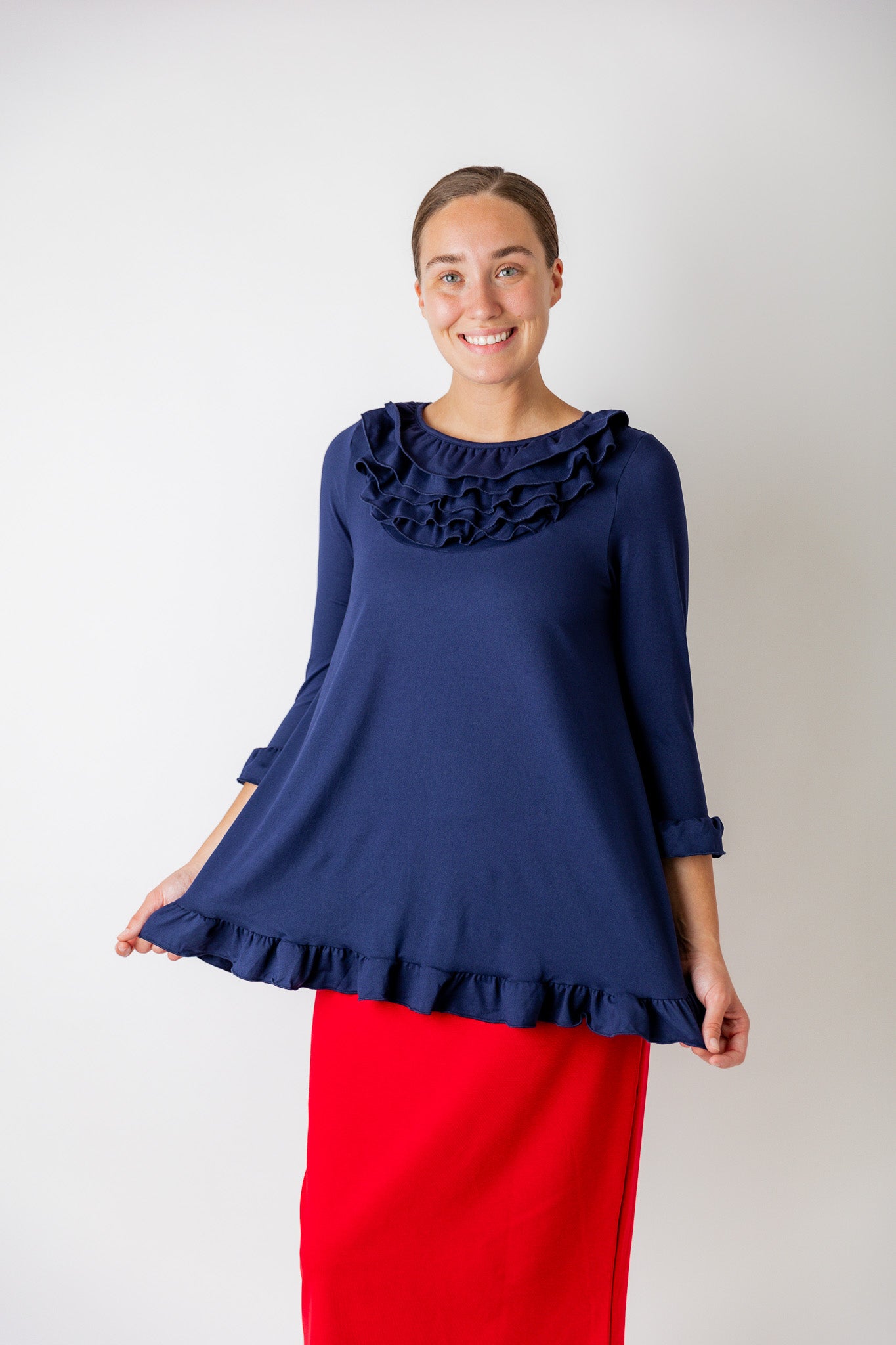 modest ruffled 3/4 sleeve top pretty prints and solid colors