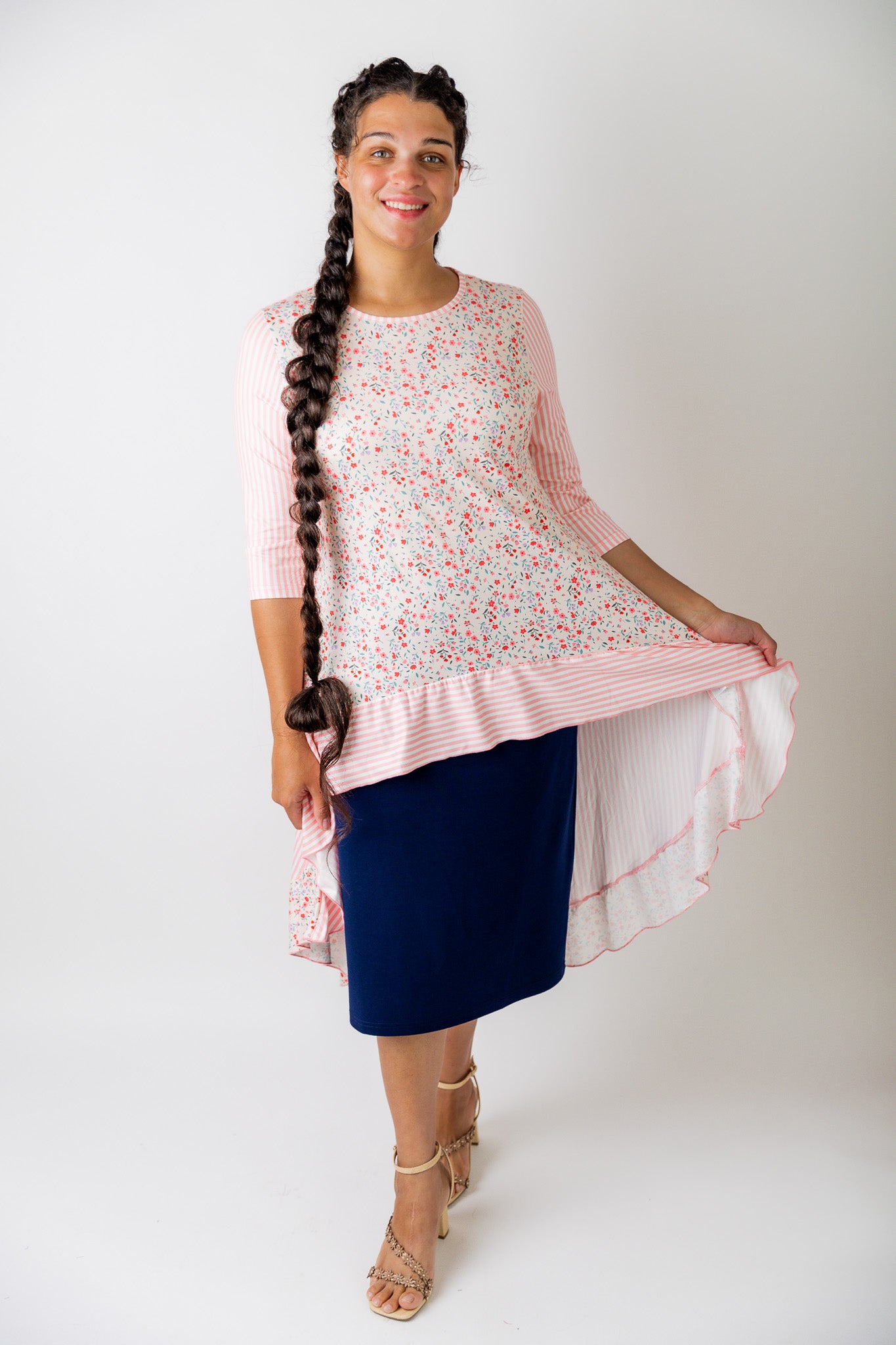 modest 3/4 sleeve high low top pretty prints