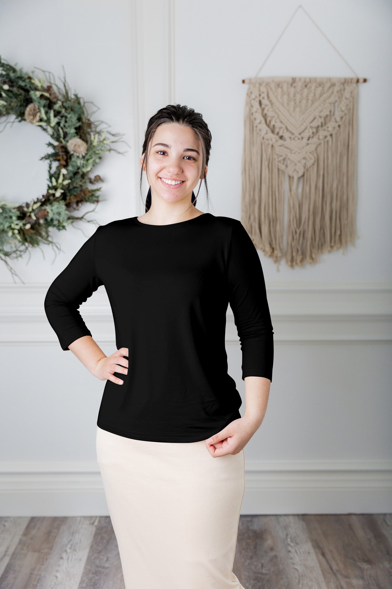 modest layering tee with 3/4 length sleeves