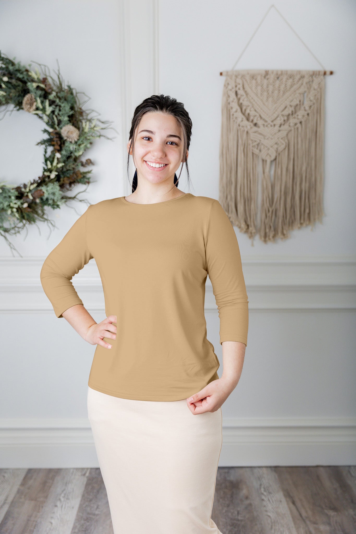 modest layering tee with 3/4 length sleeves