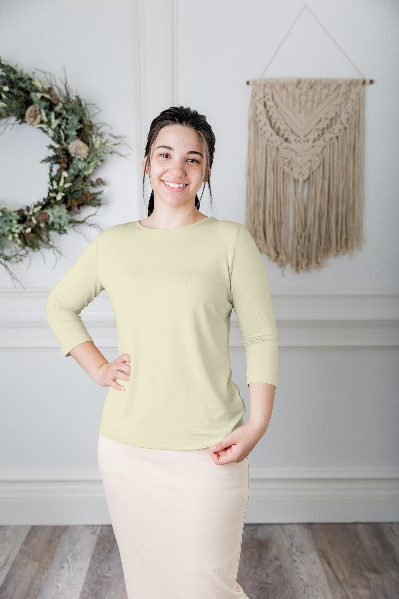 modest layering tee with 3/4 length sleeves