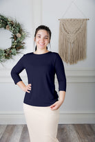 modest layering tee with 3/4 length sleeves