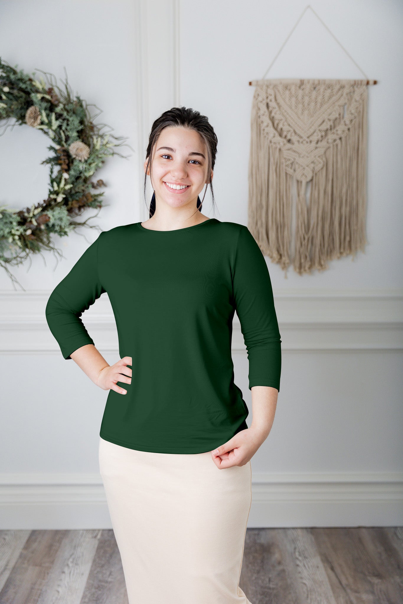 modest layering tee with 3/4 length sleeves