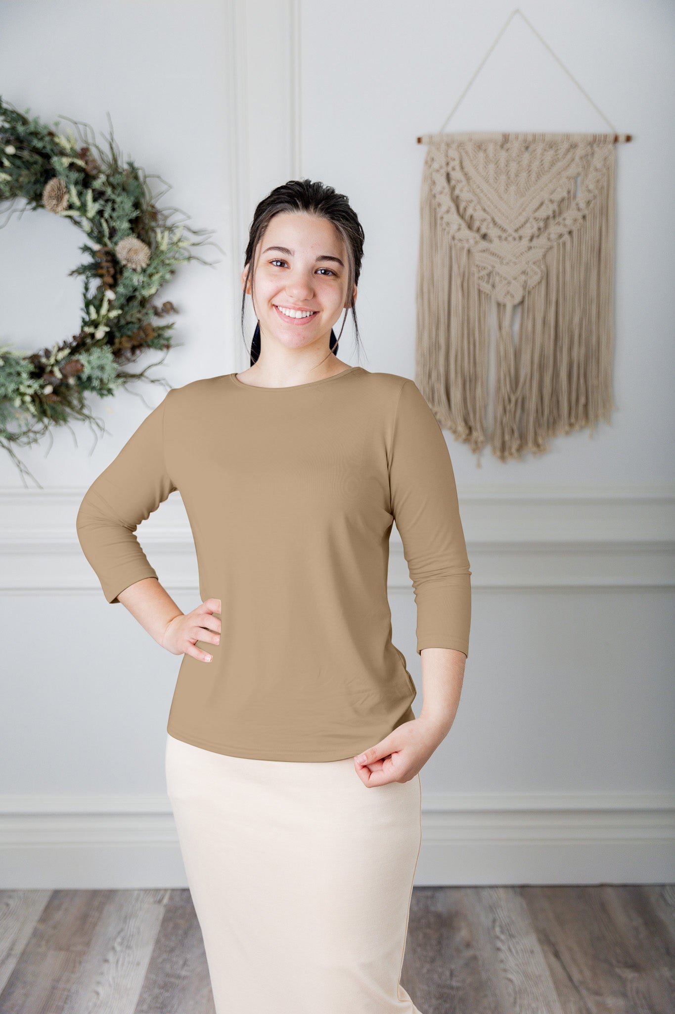 modest layering tee with 3/4 length sleeves