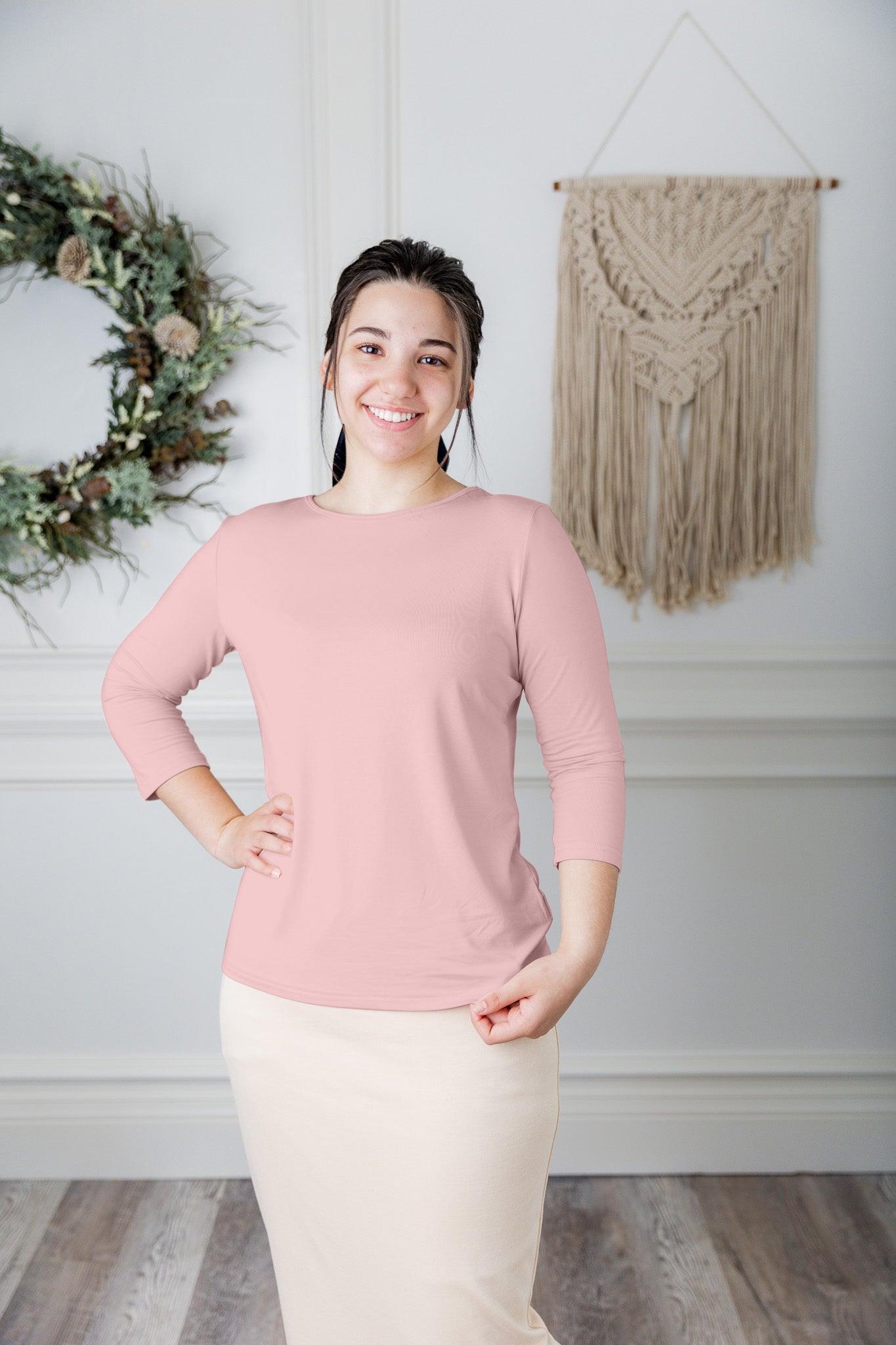 modest layering tee with 3/4 length sleeves