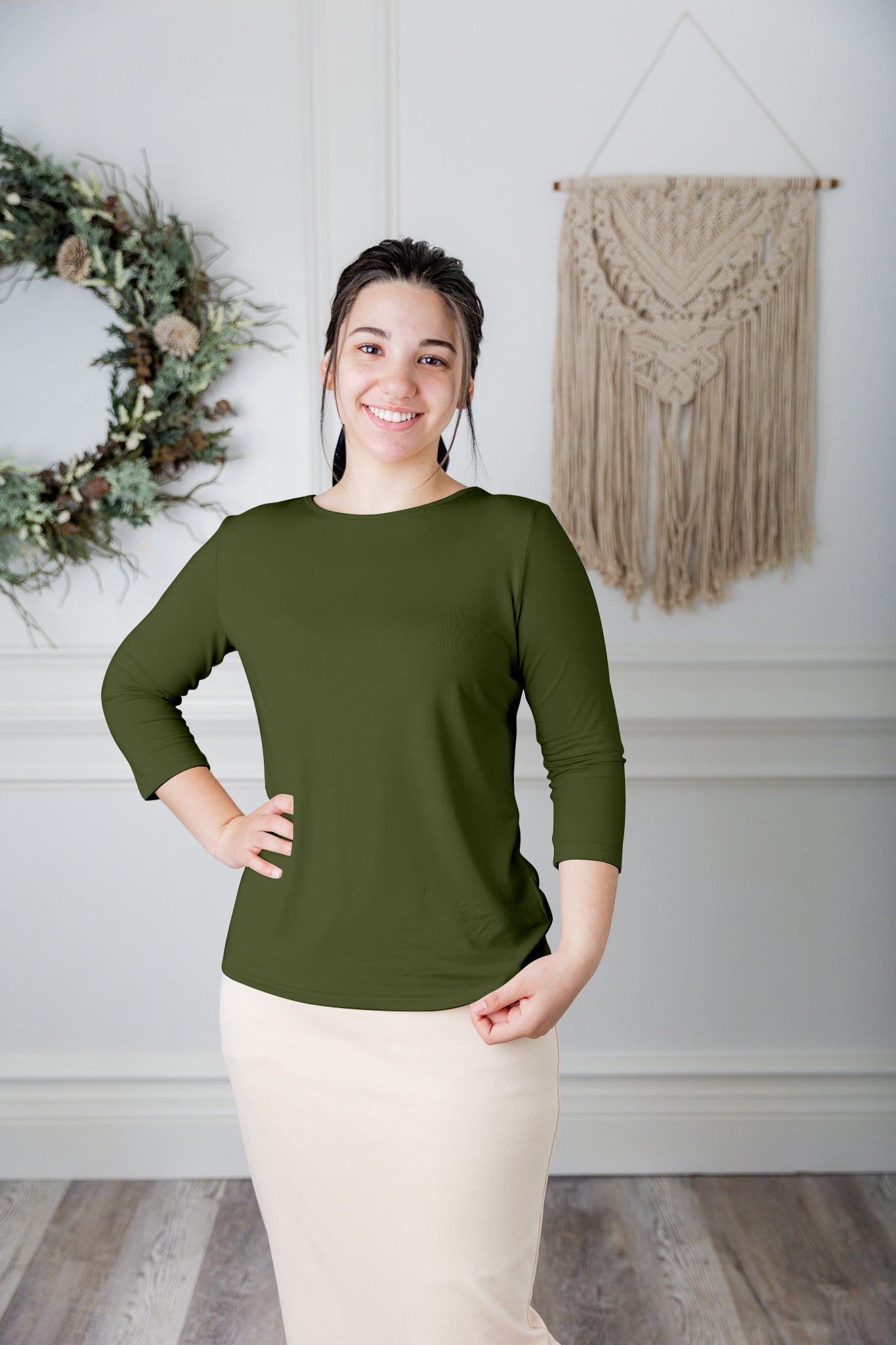 modest layering tee with 3/4 length sleeves