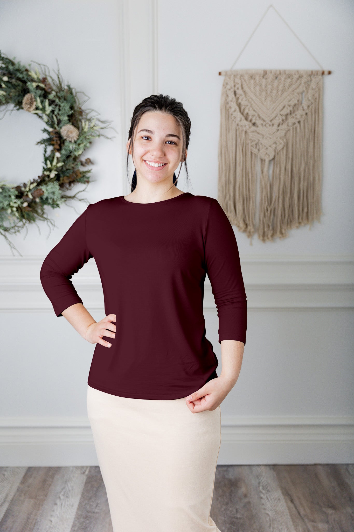 modest layering tee with 3/4 length sleeves