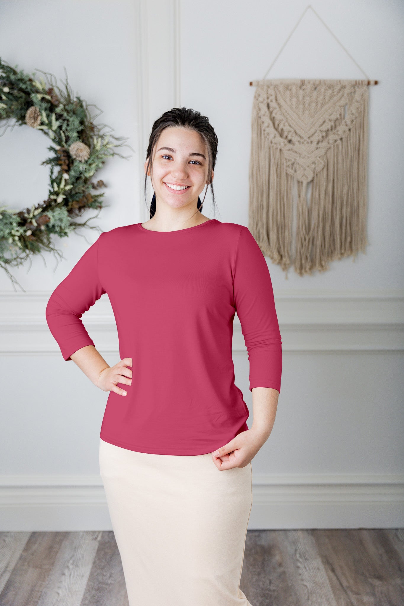 modest layering tee with 3/4 length sleeves