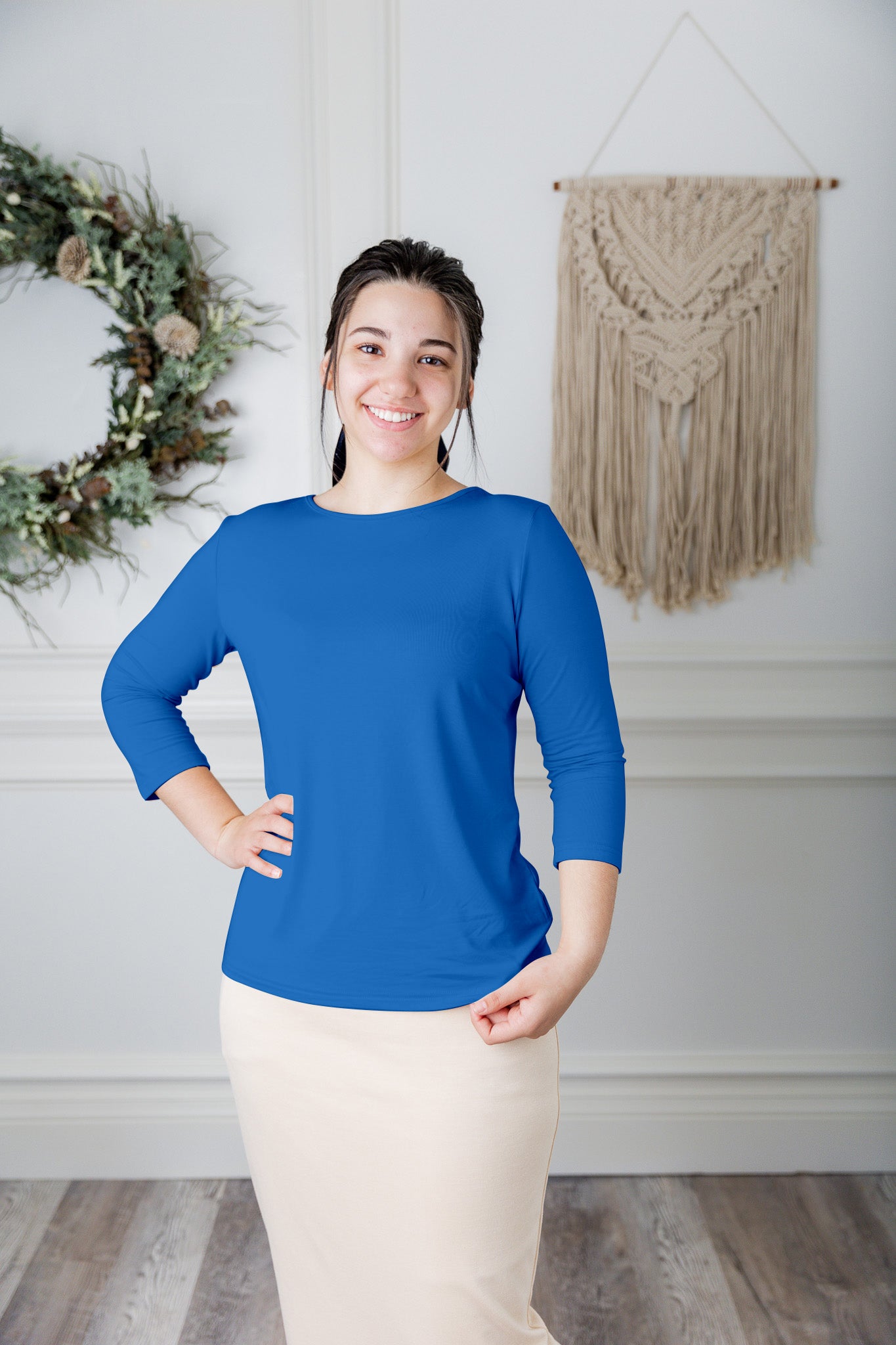 modest layering tee with 3/4 length sleeves