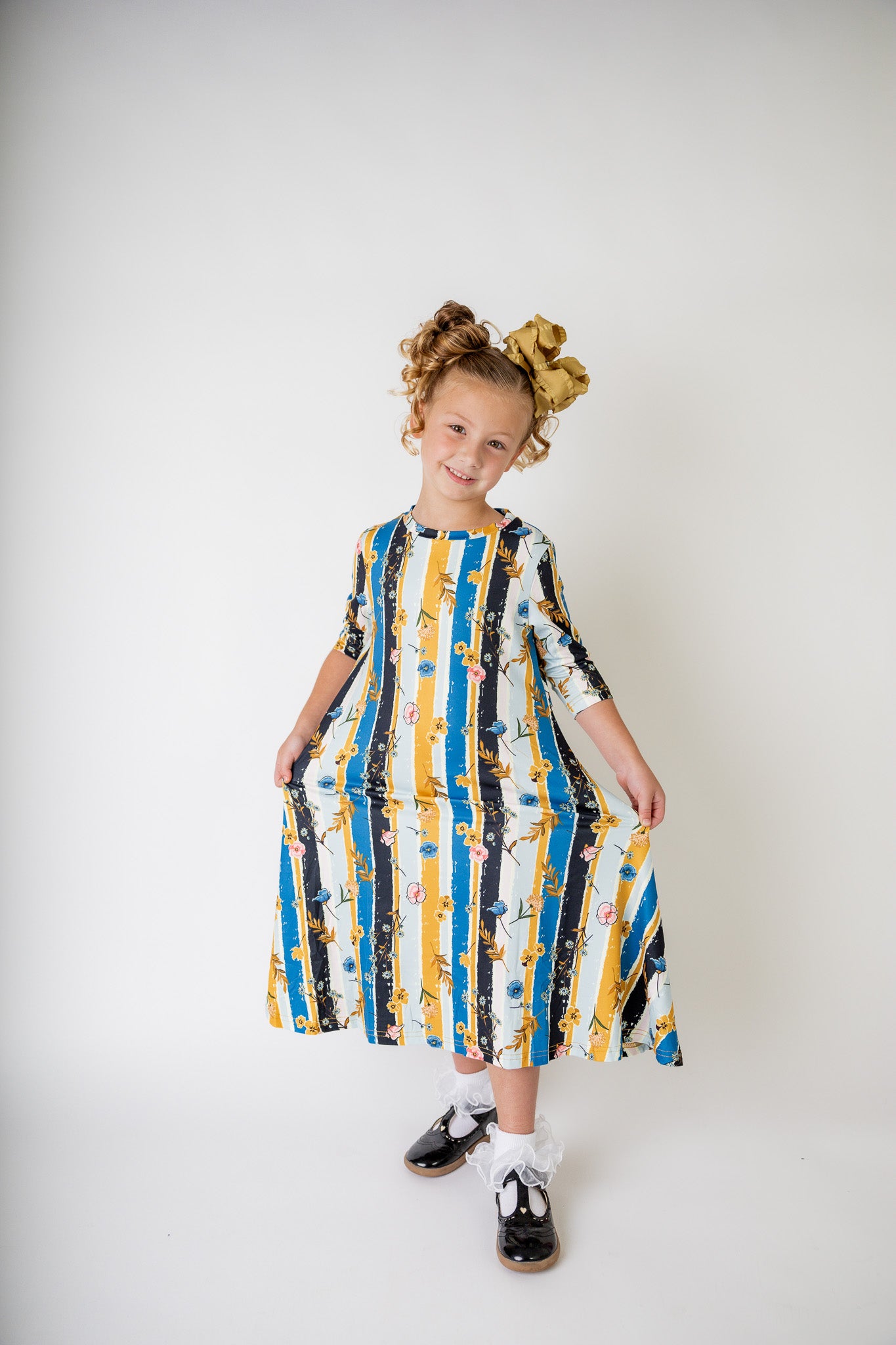 3/4 sleeve modest girls gracelyn dress pretty prints and solid colors