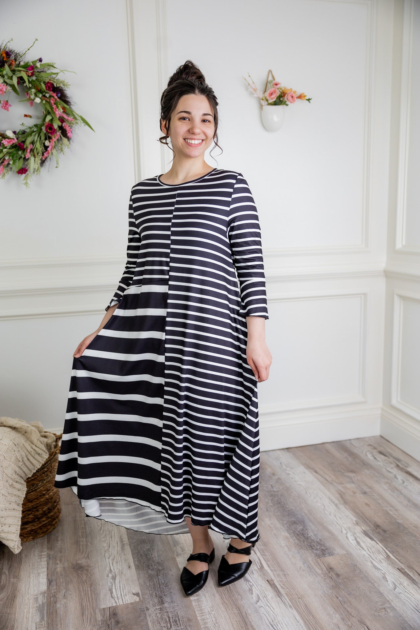 Modest high and low dress with ruffle sleeves and contrasting prints