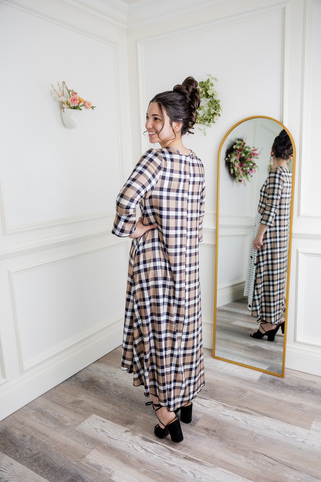 Modest high and low dress with ruffle sleeves and contrasting prints