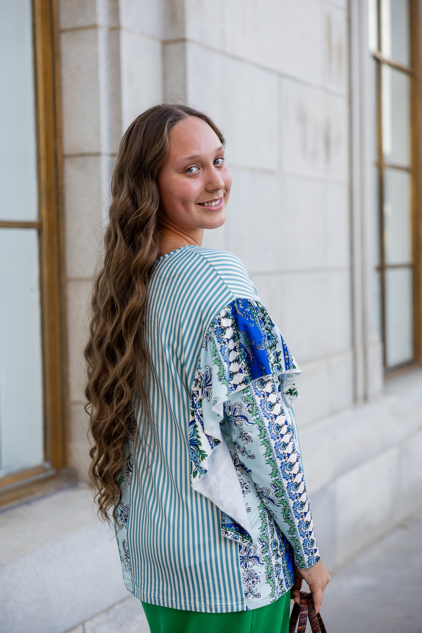 modest long sleeve top with contrasting prints