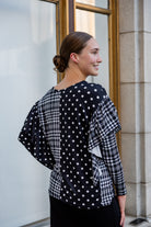 modest long sleeve top with contrasting prints