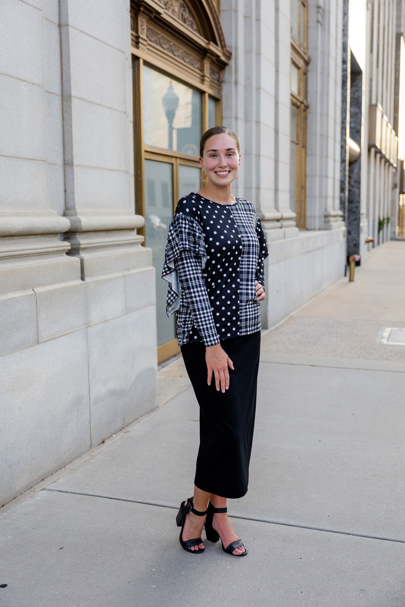 modest long sleeve top with contrasting prints