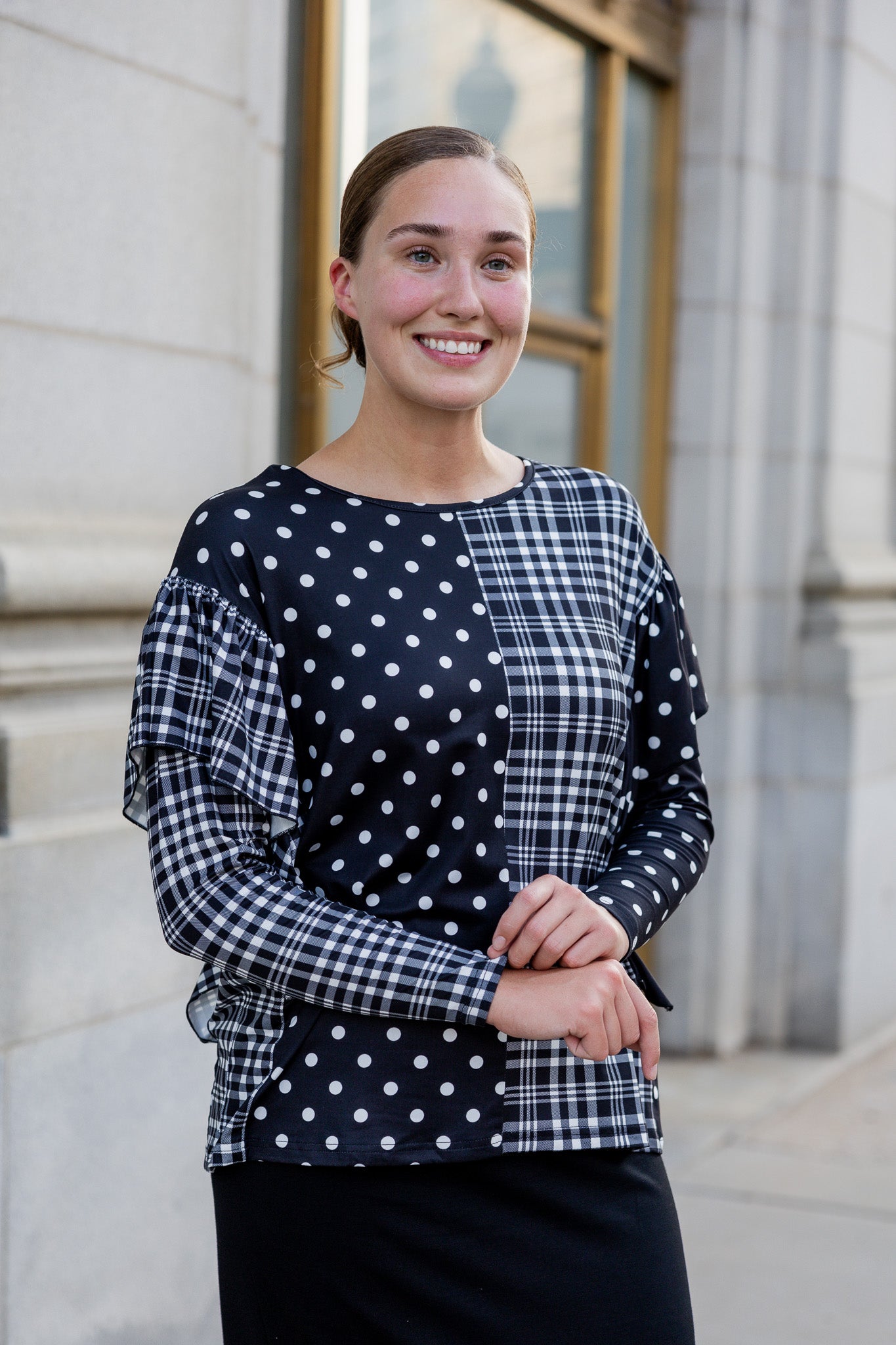 modest long sleeve top with contrasting prints