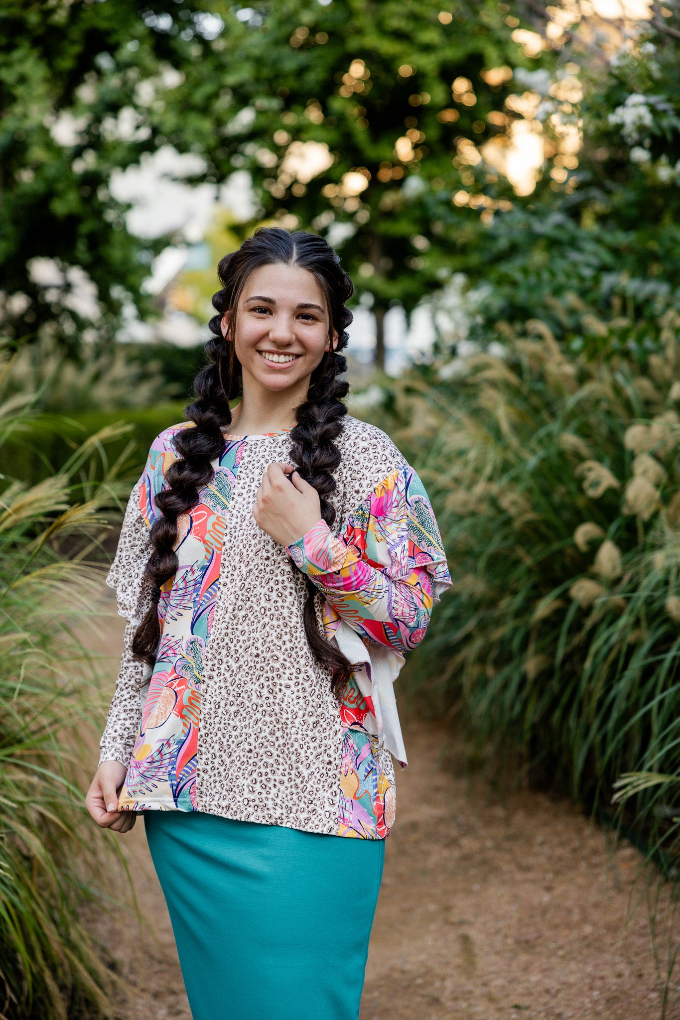 modest long sleeve top with contrasting prints