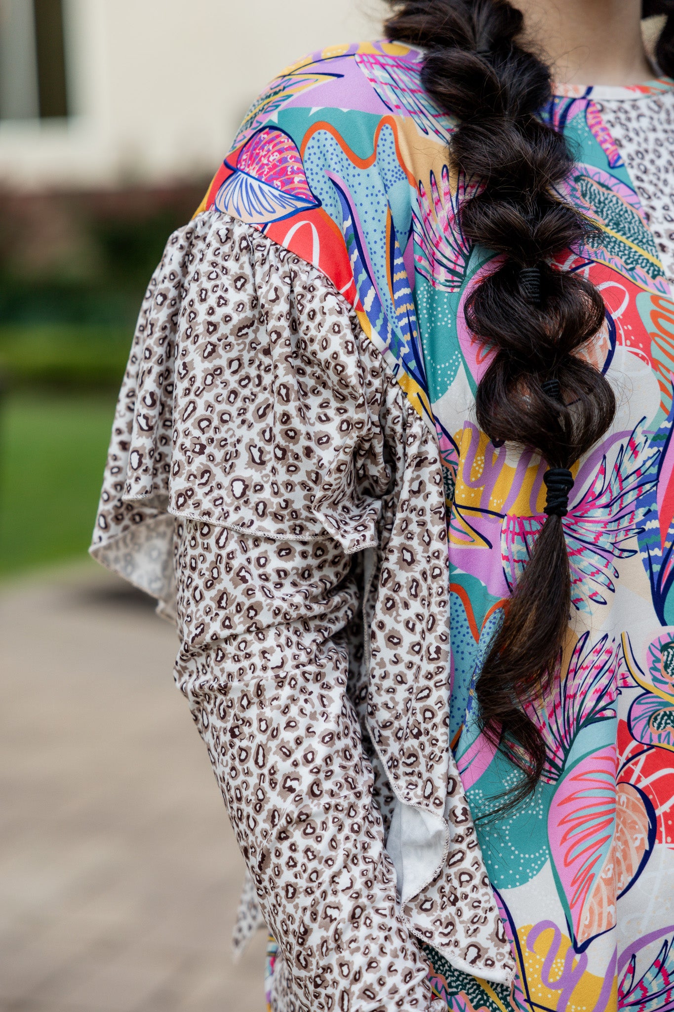 modest long sleeve top with contrasting prints