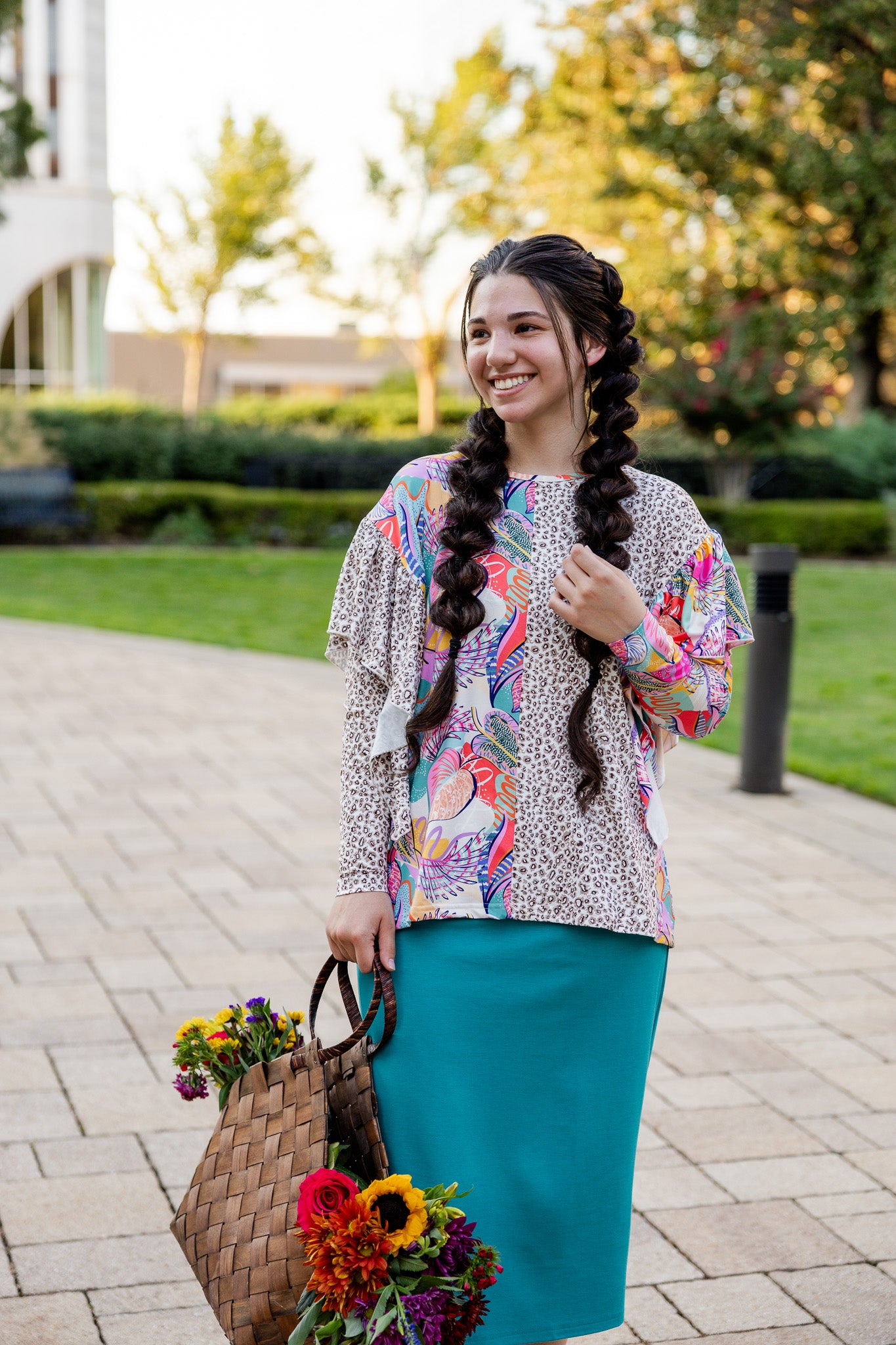 modest long sleeve top with contrasting prints