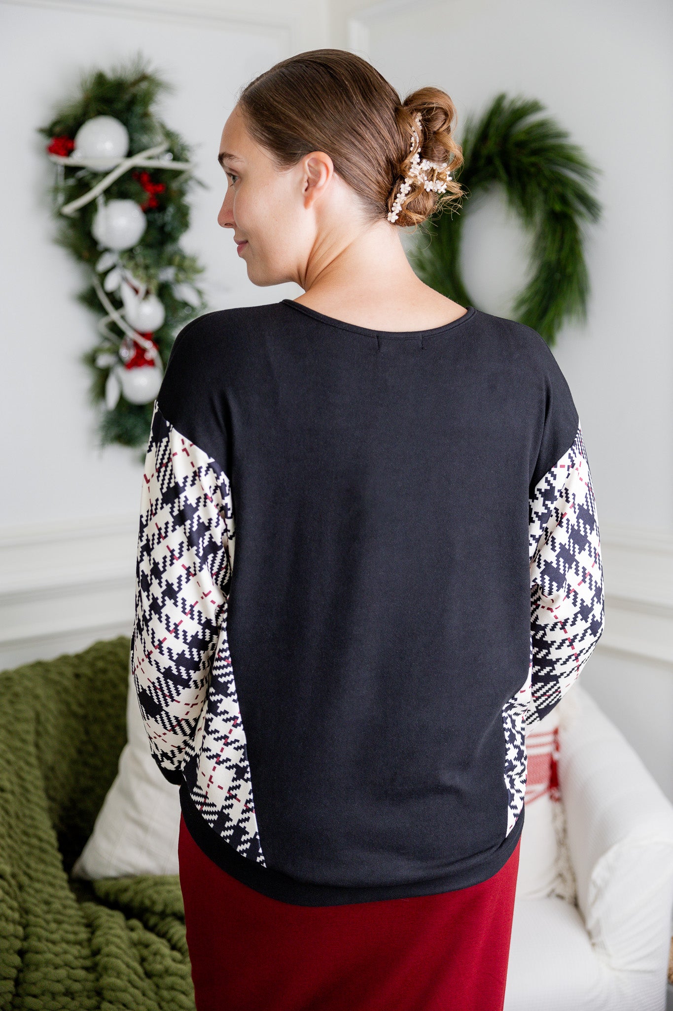 modest winter long sleeve top contrasting pretty prints