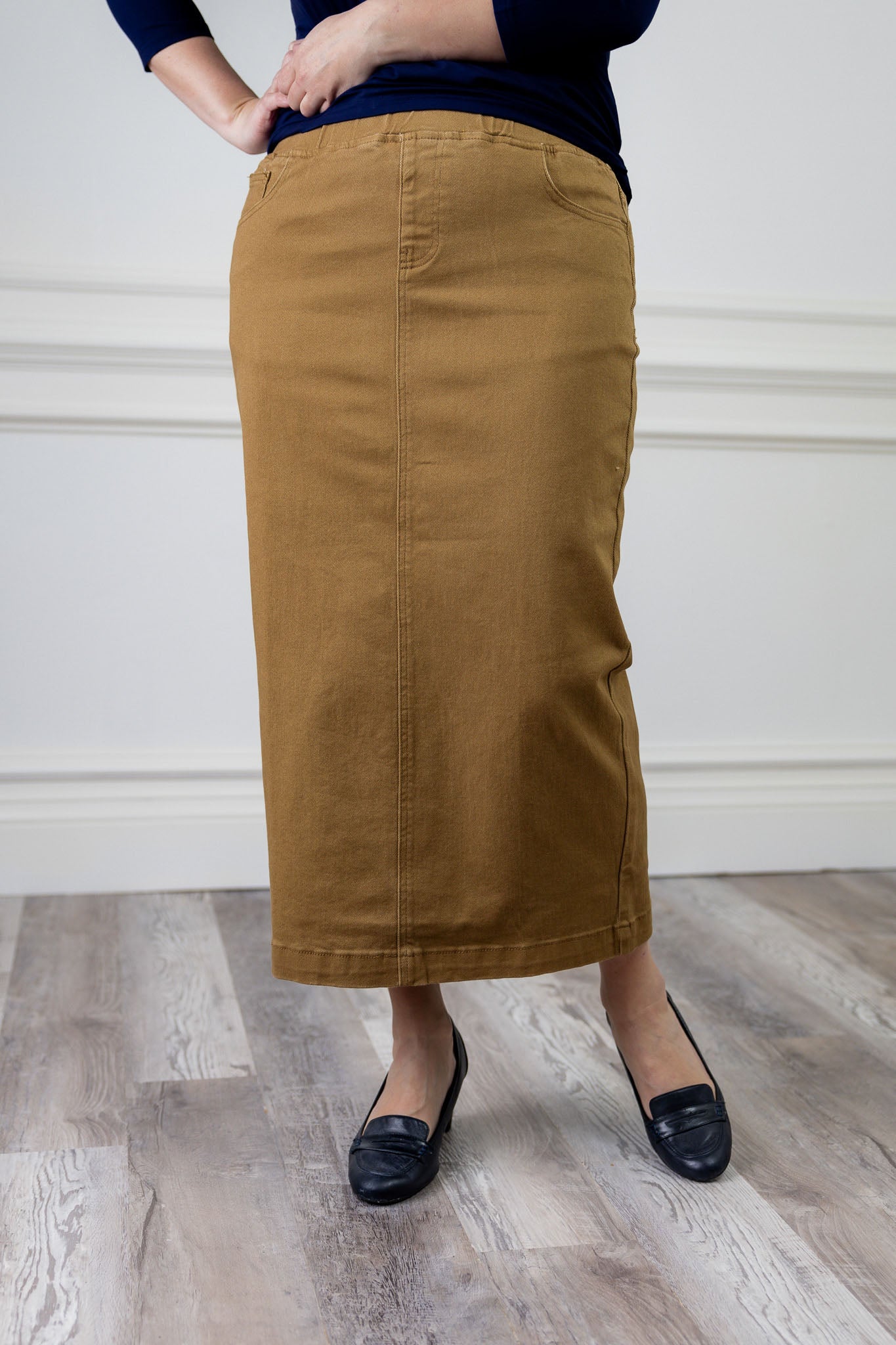 modest denim skirts in 34" length 