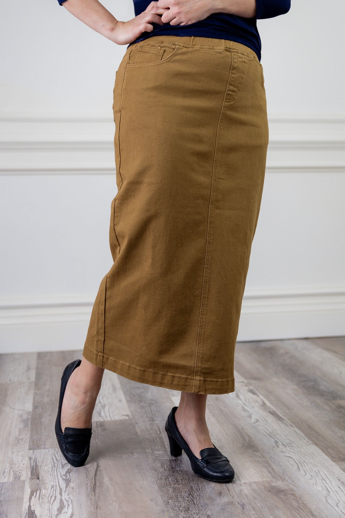 modest denim skirts in 34" length 