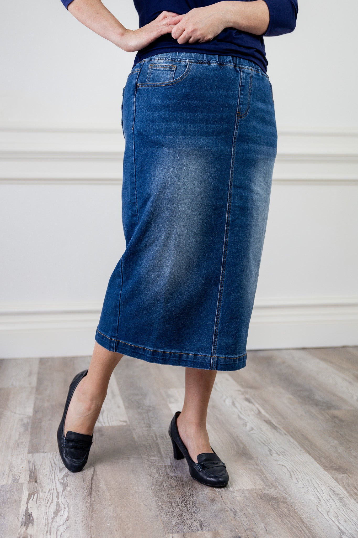 modest denim skirts in 31" length 